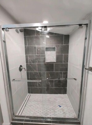 Hair dryer, towels, soap, shampoo