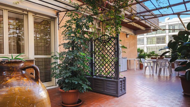 Un patio couvert agrémenté de plantes en pot, d’un grand pot en céramique et de mobilier d’extérieur.