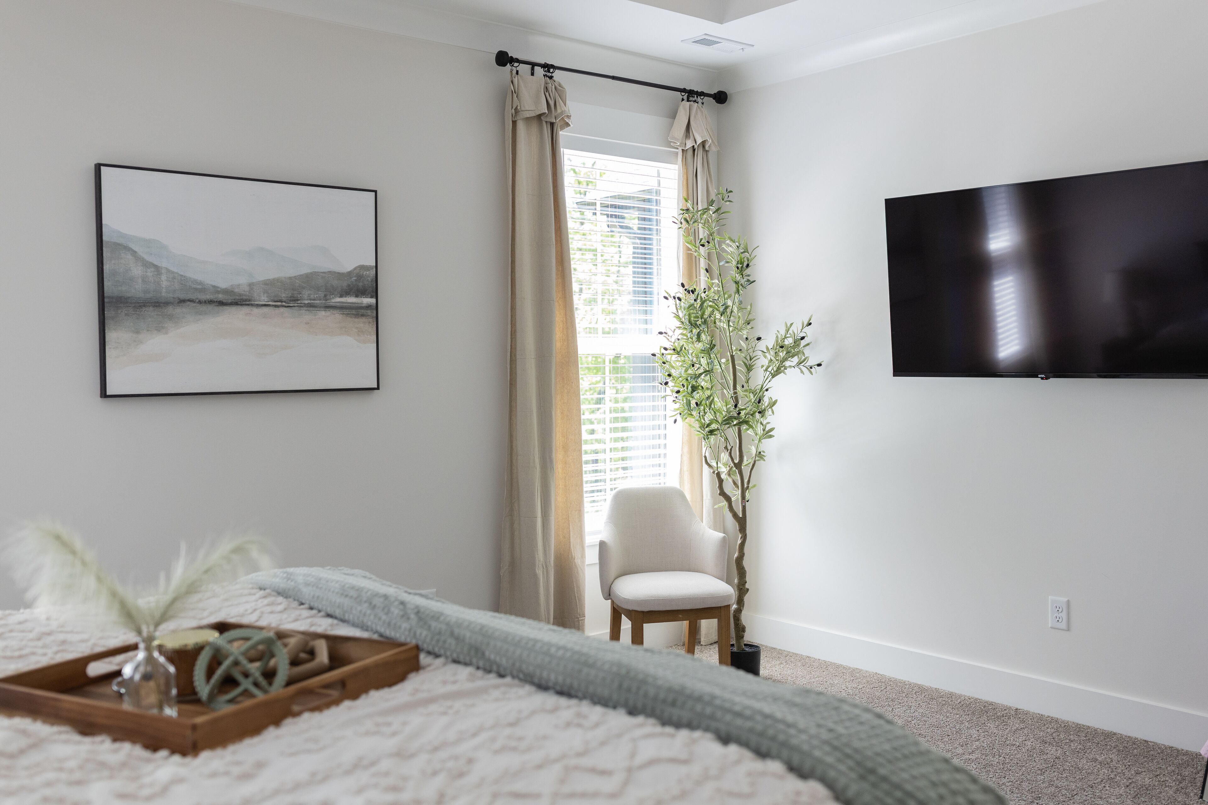 A bedroom with a bed, a chair, a potted plant, a flat-screen TV, and a window with curtains.