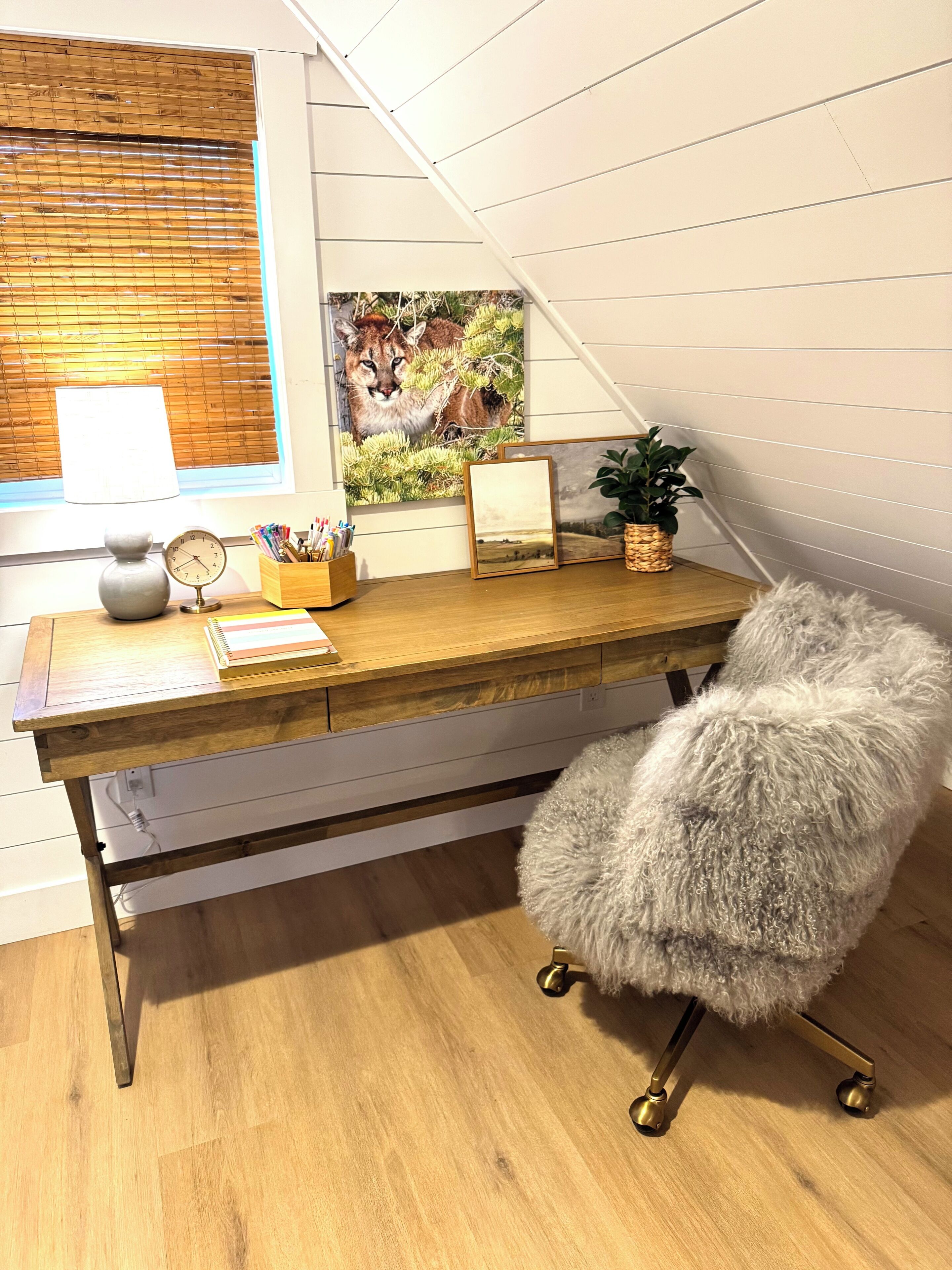 A wooden desk with a lamp, a clock, and a plant.