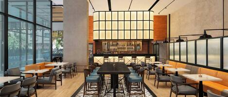 A modern restaurant with a central bar, high ceilings, and large windows.