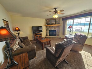 TV, fireplace, DVD player, books