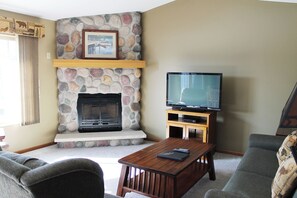 TV, fireplace, DVD player, books