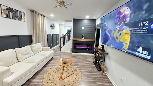 Smart TV, fireplace, foosball, table tennis