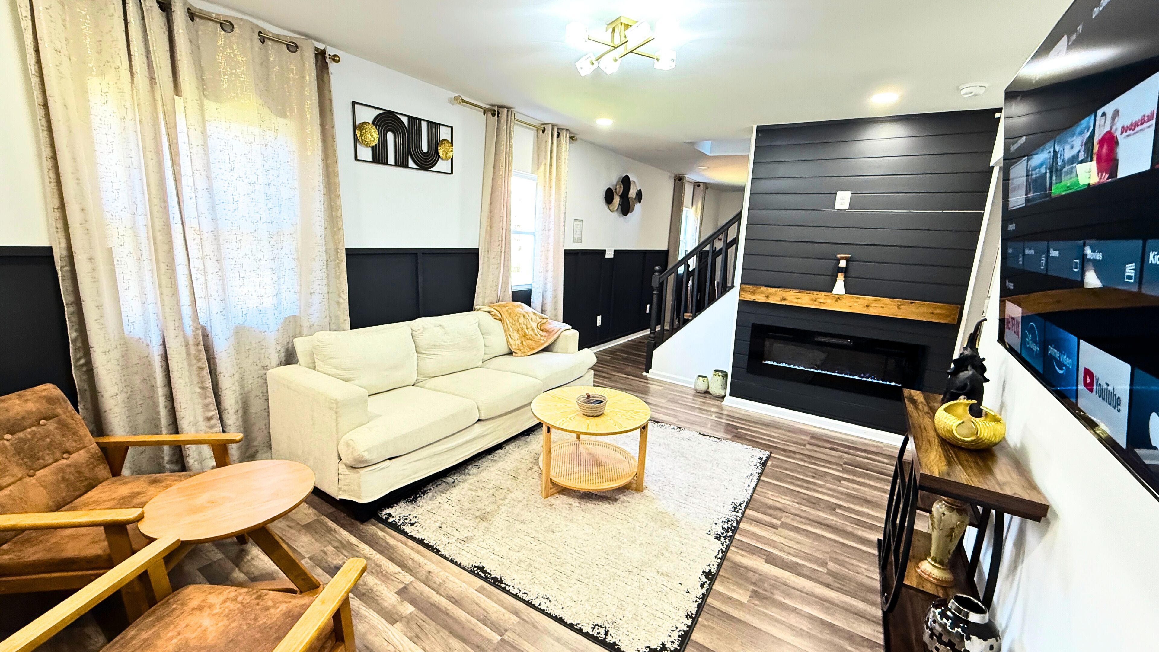 Smart TV, fireplace, foosball, table tennis