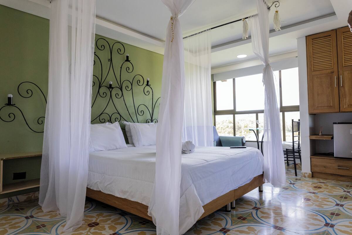 Un dormitorio con una cama bajo dosel, una pared verde y una ventana con vistas.