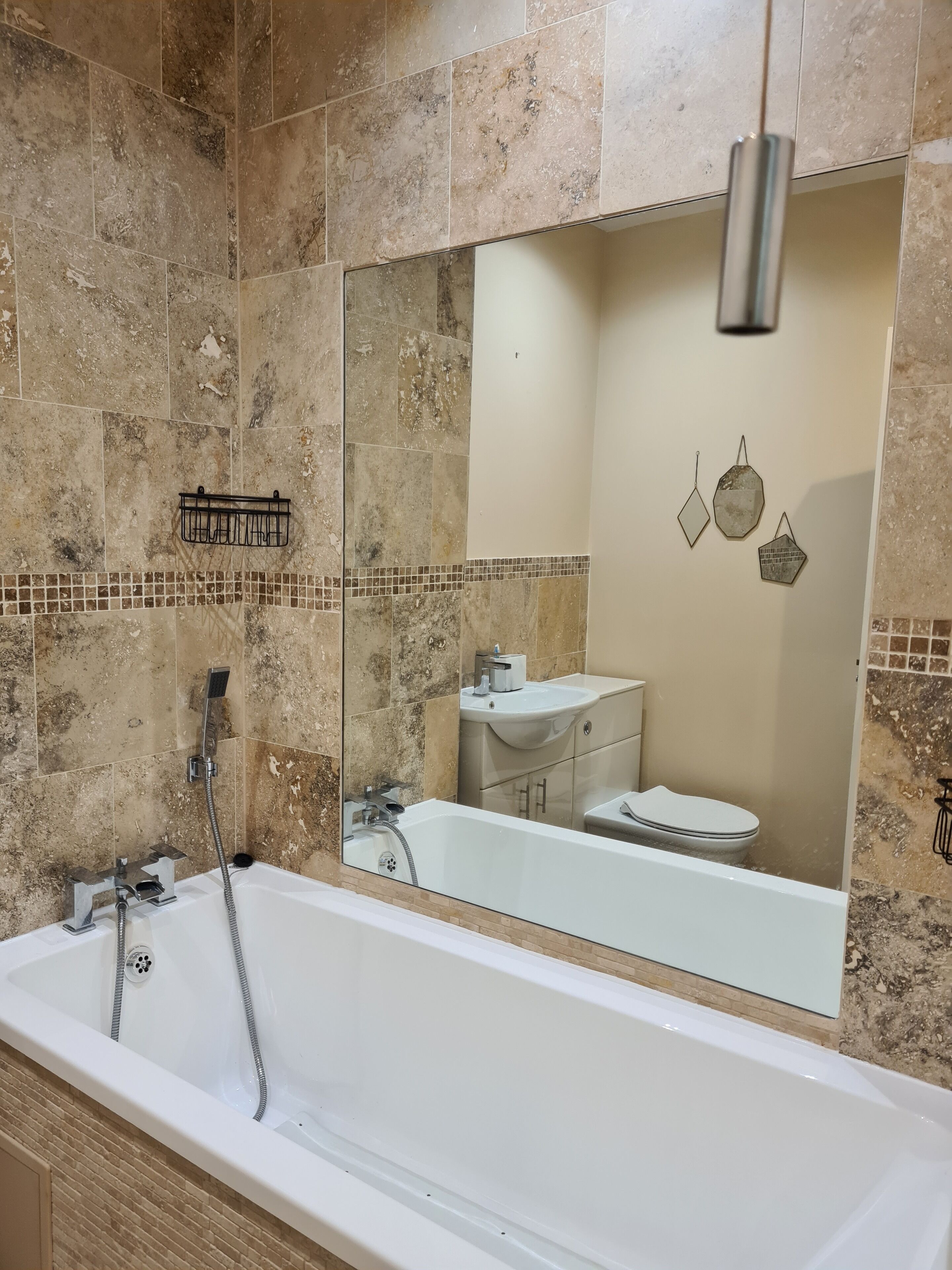 Shower, towels, soap, toilet paper