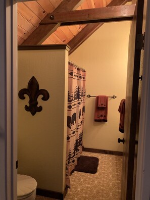 Douche, séchoir à cheveux, serviettes fournies, savon
