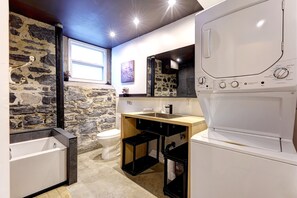 Hair dryer, towels, soap, toilet paper