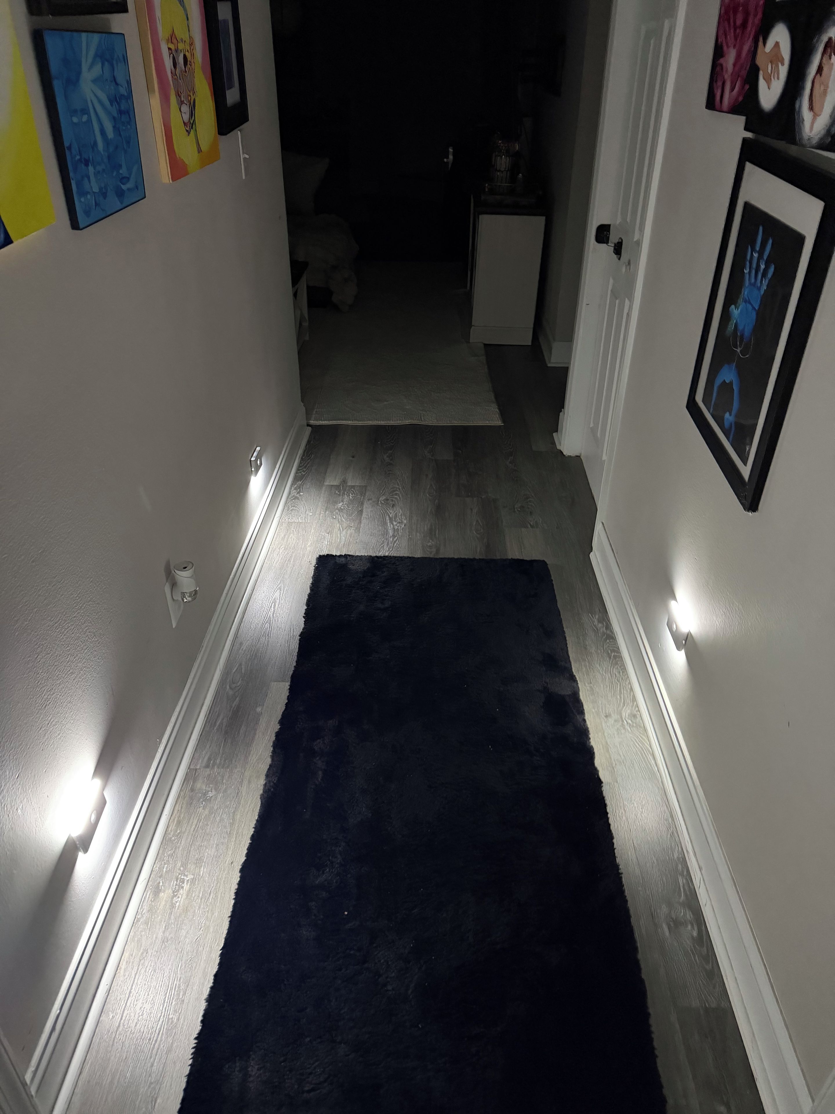 Un couloir avec un tapis bleu foncé, des murs blancs et des œuvres d’art encadrées.