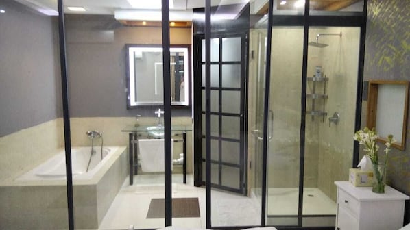 Regadera, secadora de cabello, bidet, toallas