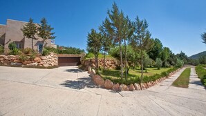 Un barrio residencial con entrada pavimentada, garaje y jardín ajardinado con árboles y arbustos.