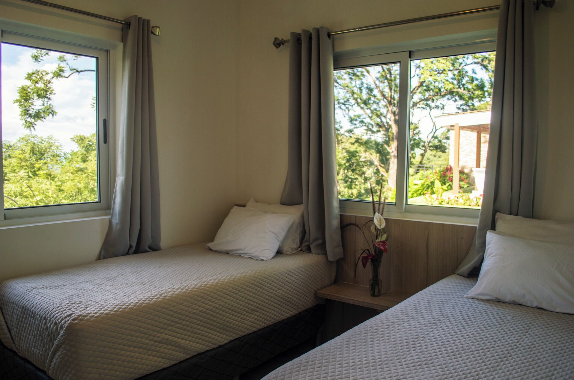 Una habitación con dos camas individuales, cada una con una almohada y una mesita de noche. Hay una ventana a la izquierda y otra ventana a la derecha con vistas a árboles y un edificio.