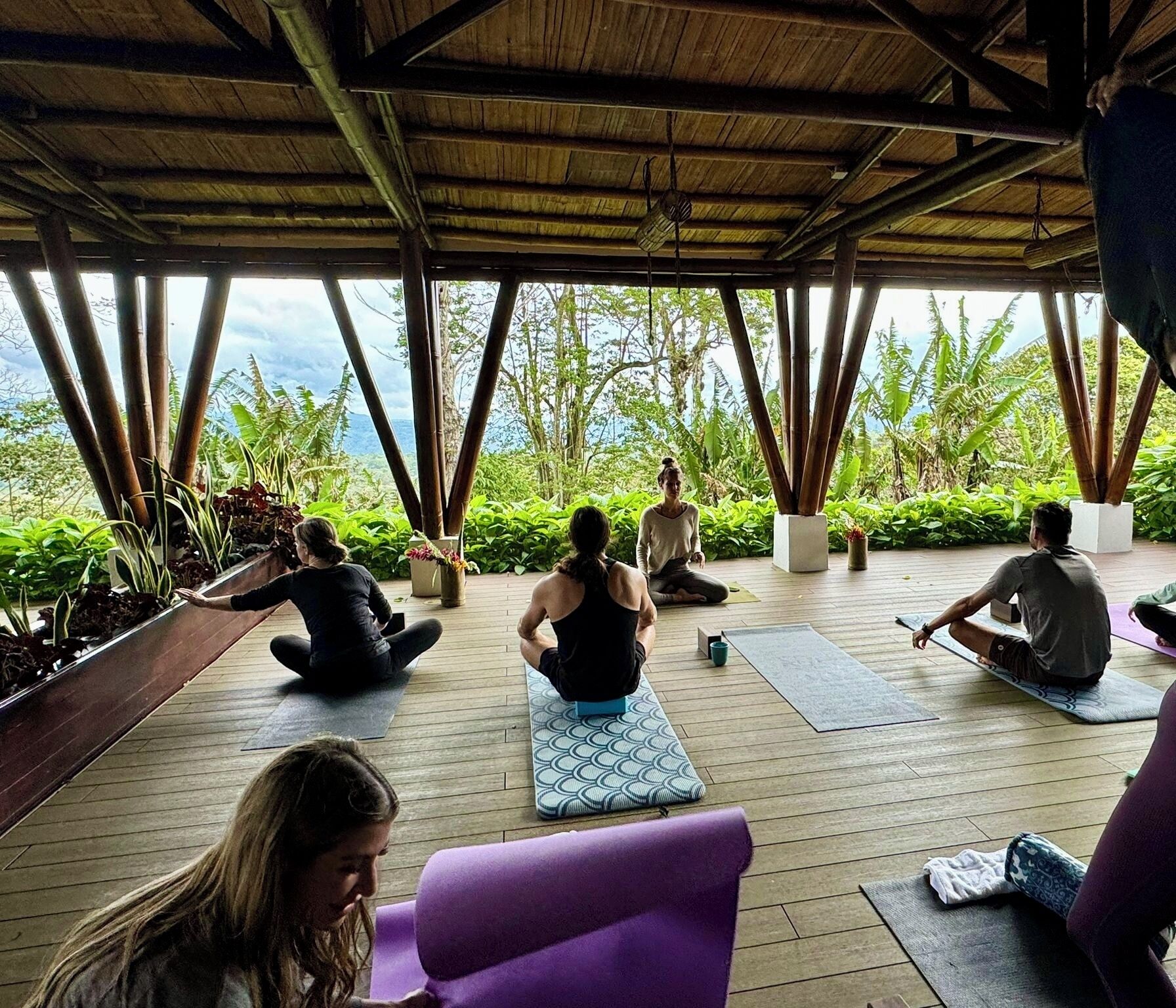 Un grupo de personas practicando yoga sobre colchonetas en un pabellón descubierto con techo de madera y pilares de bambú, rodeado de exuberante follaje.