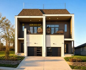 A modern two-story house with a garage, a balcony, and a well-maintained lawn.