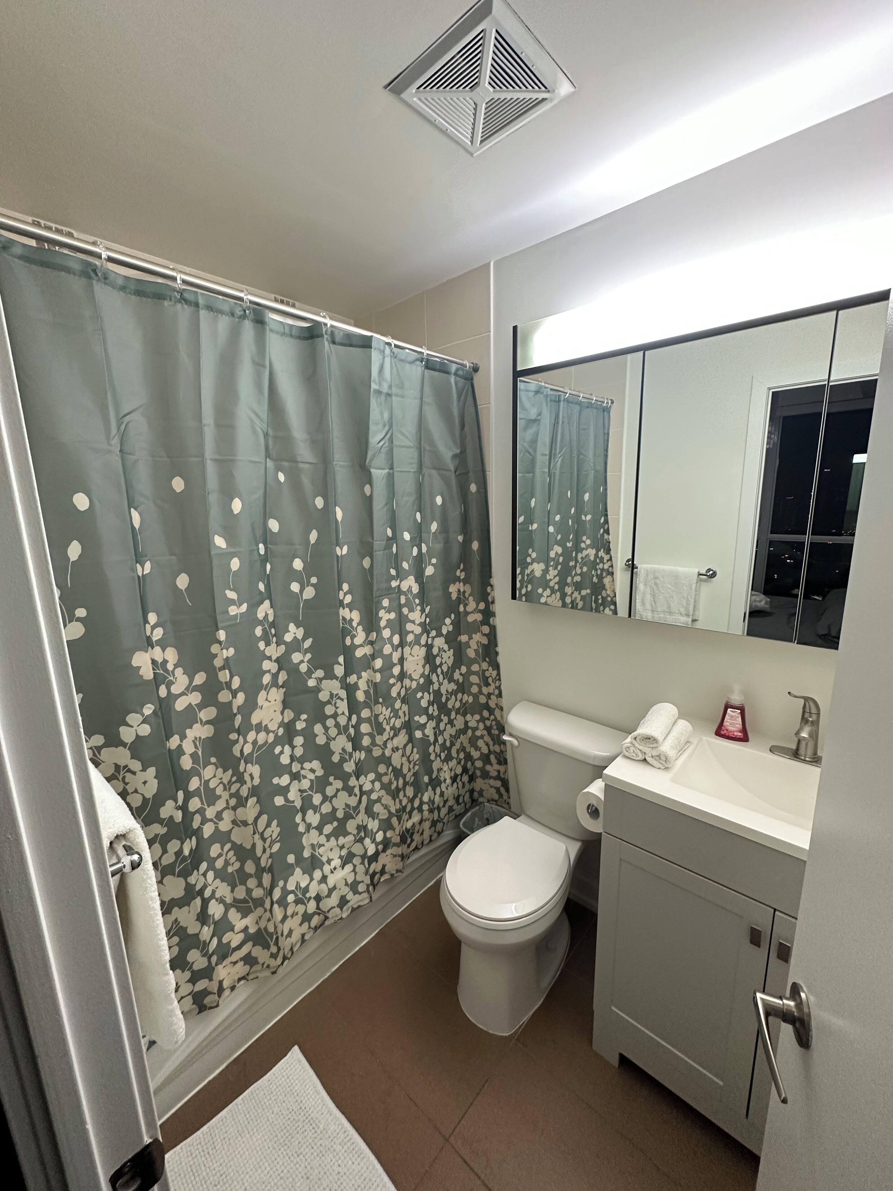 Een badkamer met douchegordijn, toilet, wastafel en spiegel.
