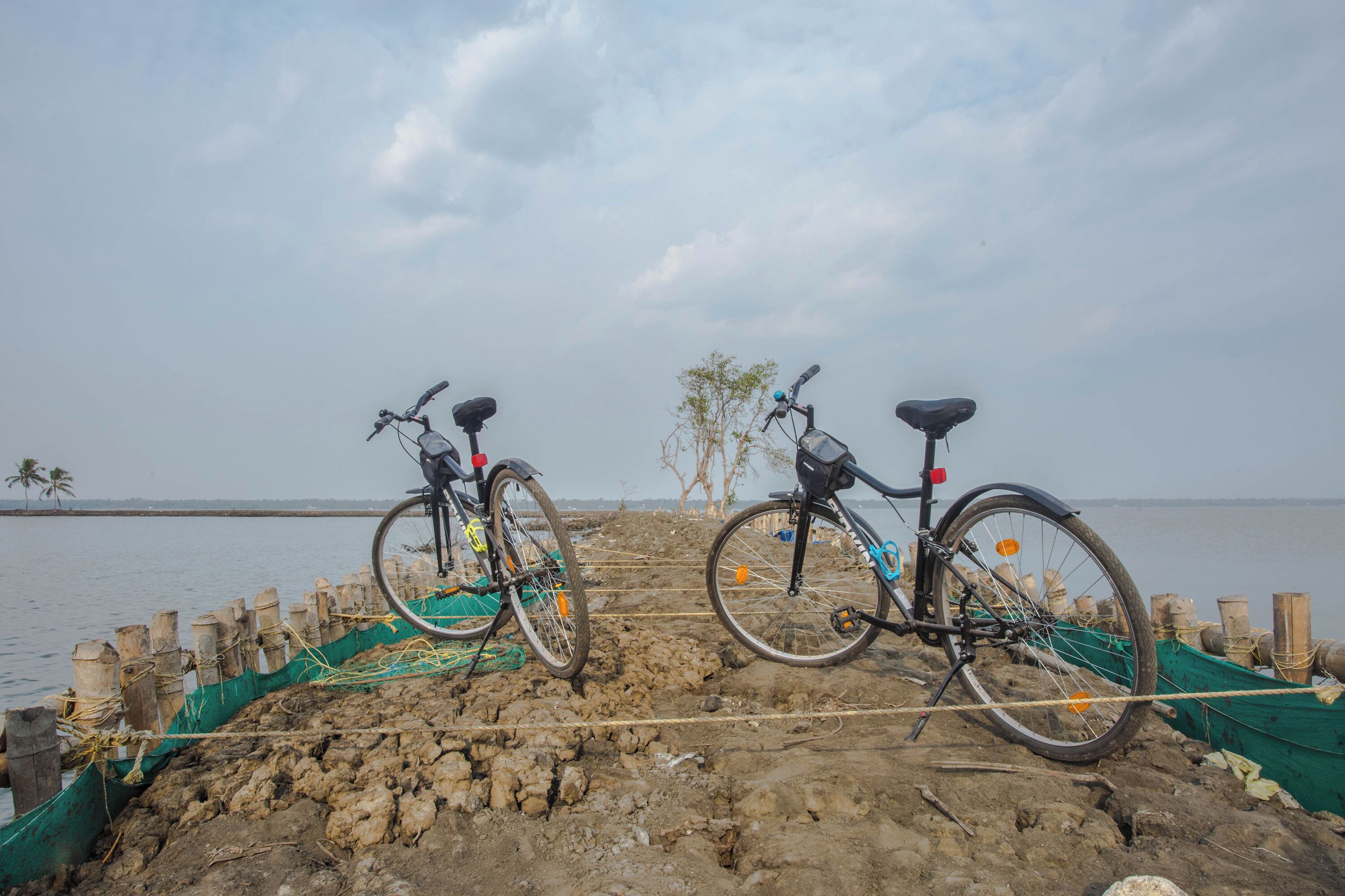 Two bicycles parked on a rocky shore with a body of water and a distant shoreline in the background.