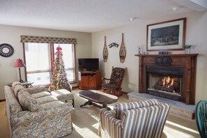 Smart TV, fireplace, books