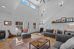 TV, fireplace, books