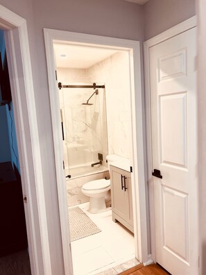 Hair dryer, towels, soap, shampoo