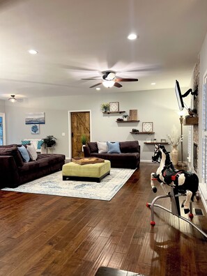 Smart-tv, eldstad och böcker