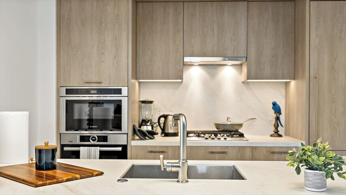 Een moderne keuken met een roestvrijstalen spoelbak, een oven, een koffiezetapparaat en een plant.