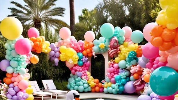 A pool area with swan inflatable decorations and colorful balloon arrangements.