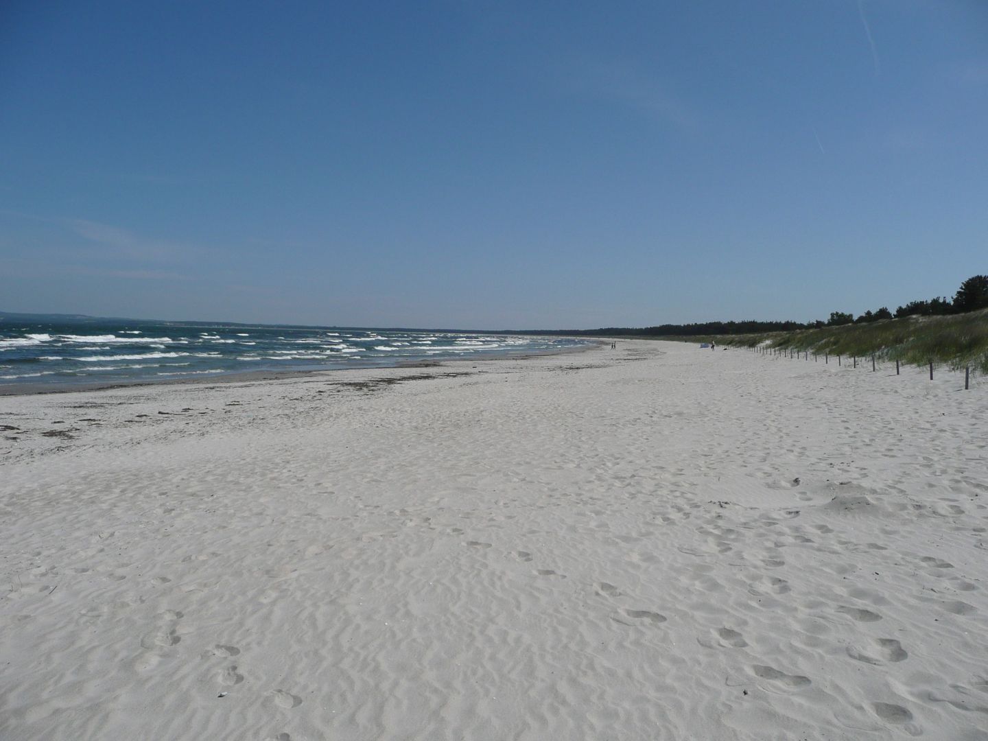 Une vaste plage de sable, parsemée d’empreintes, un ciel dégagé et une côte lointaine.