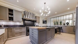 A modern kitchen with grey cabinetry, a central island, and a large window with plants. - Luxury Mansion With Garden in Heart of Neuilly (Neuilly-sur-Seine)
