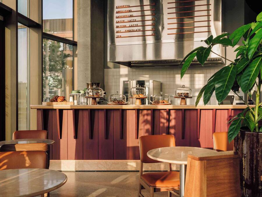 Interior moderno de una cafetería con una pizarra de menú, asientos y una planta grande.