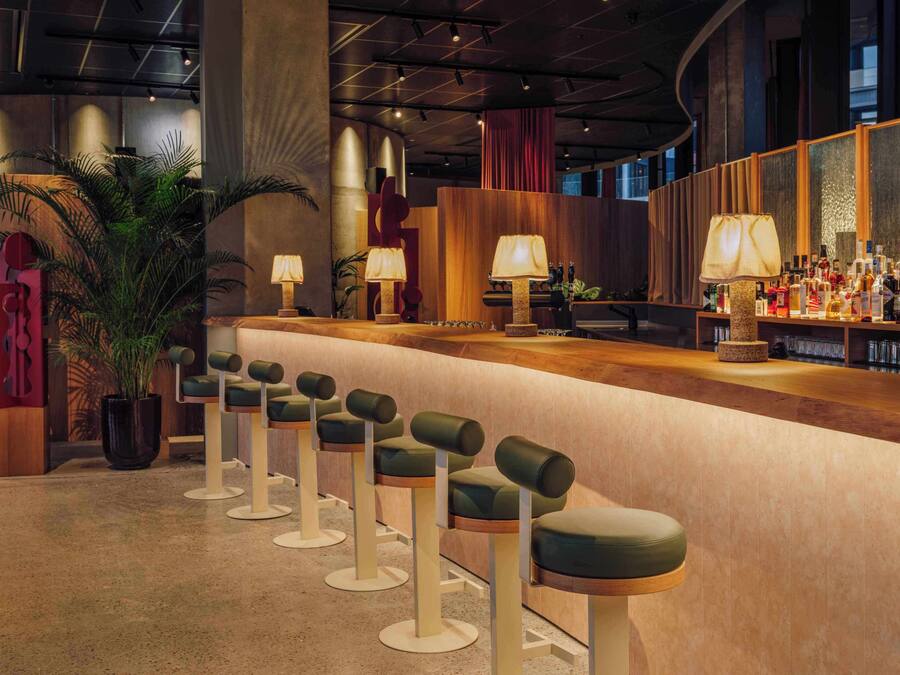Zona de bar con taburetes, una barra con botellas y una planta grande en maceta.