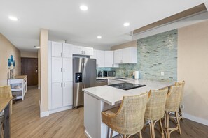 Fridge, microwave, oven, stovetop - Shores of Maui 215 - Dramatic Ocean Views, Steps to the Beach, Renovated, AC! (Kihei)