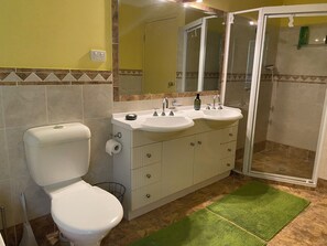 Shower, jetted bath, hair dryer, towels