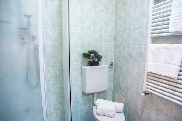 A bathroom with a toilet, a shower, and a towel rack.