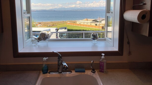 A bathroom with a window offering a view of the sea and distant buildings.