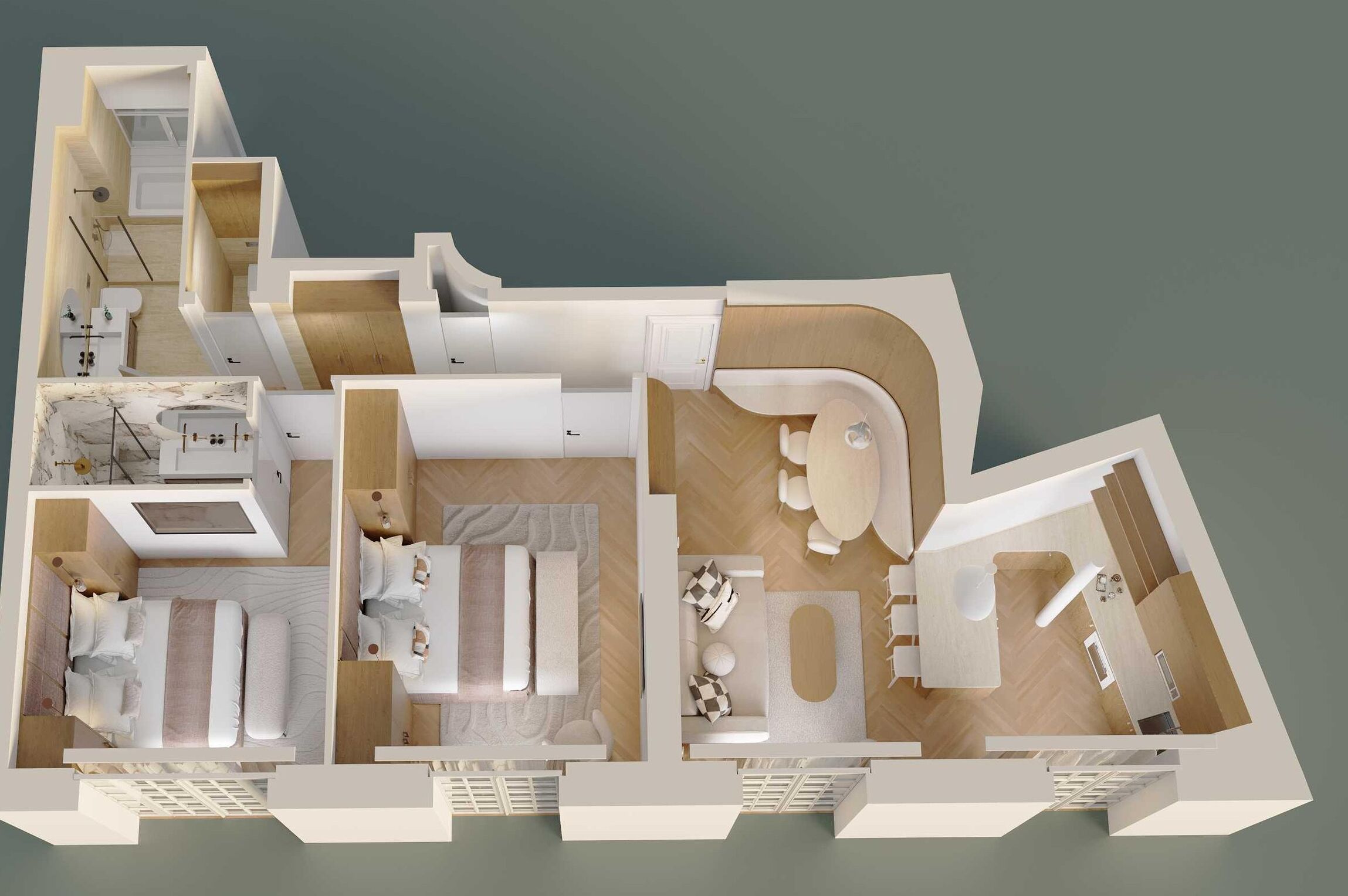 A 3D floor plan of a hotel room with a bathroom, a sitting area with a table and chairs, a bed, and a small kitchen area.