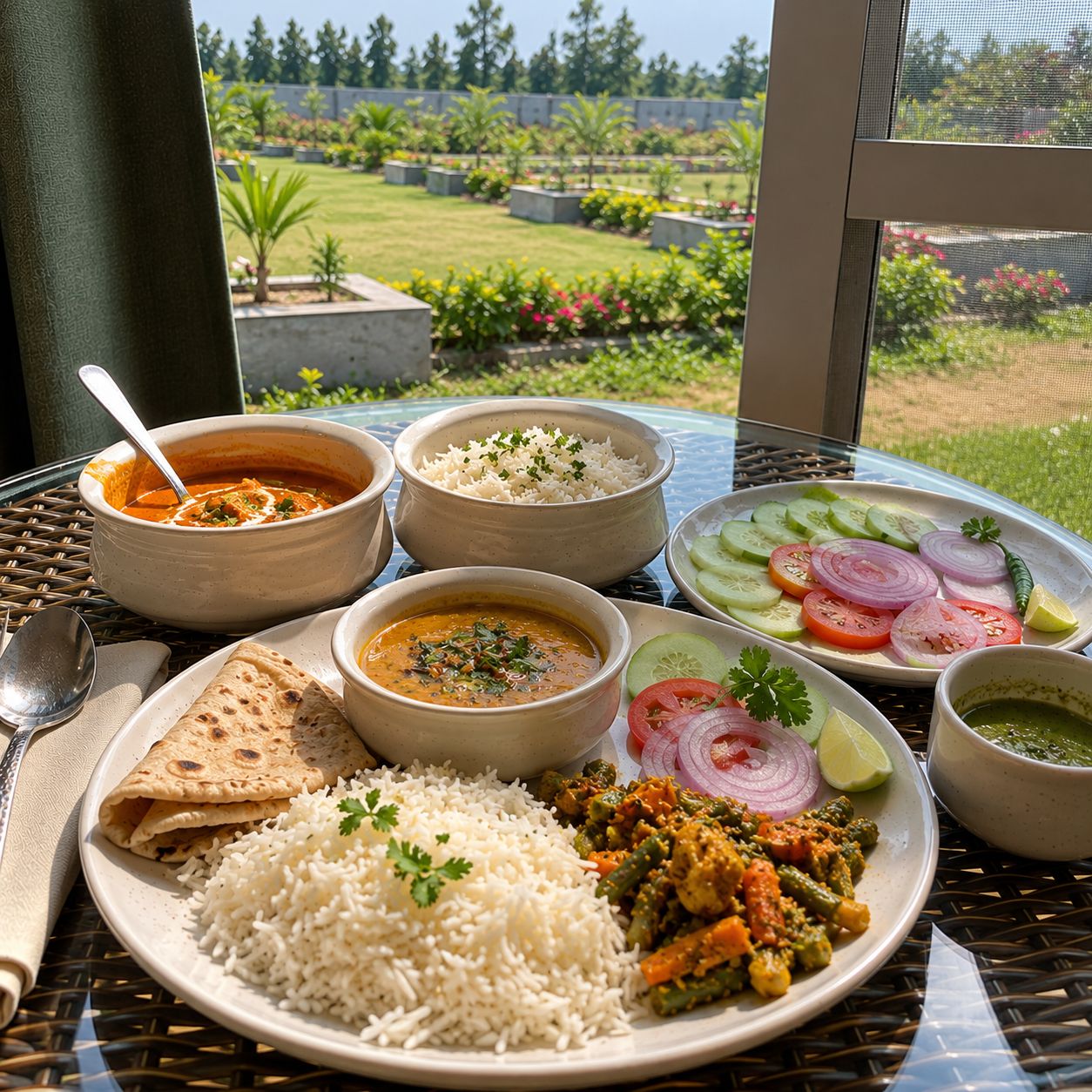 A table with a meal consisting of rice, curry, vegetables, and flatbread, with a view of a garden in the background.