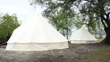 Two white tents set up on a grassy area with trees in the background.