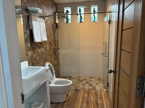 Shower, free toiletries, hair dryer, towels
