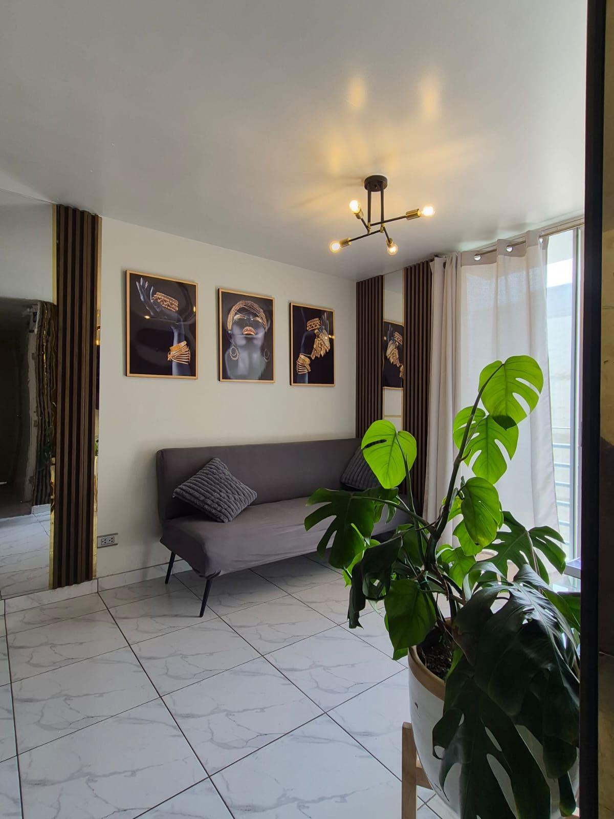 A modern living room with a grey sofa, three framed artworks, a large plant, and a chandelier.