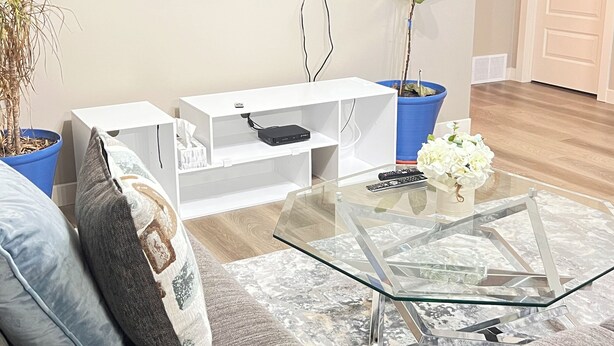 Un salon avec un téléviseur à écran plat fixé au mur, une table basse en verre, un canapé et une plante en pot.