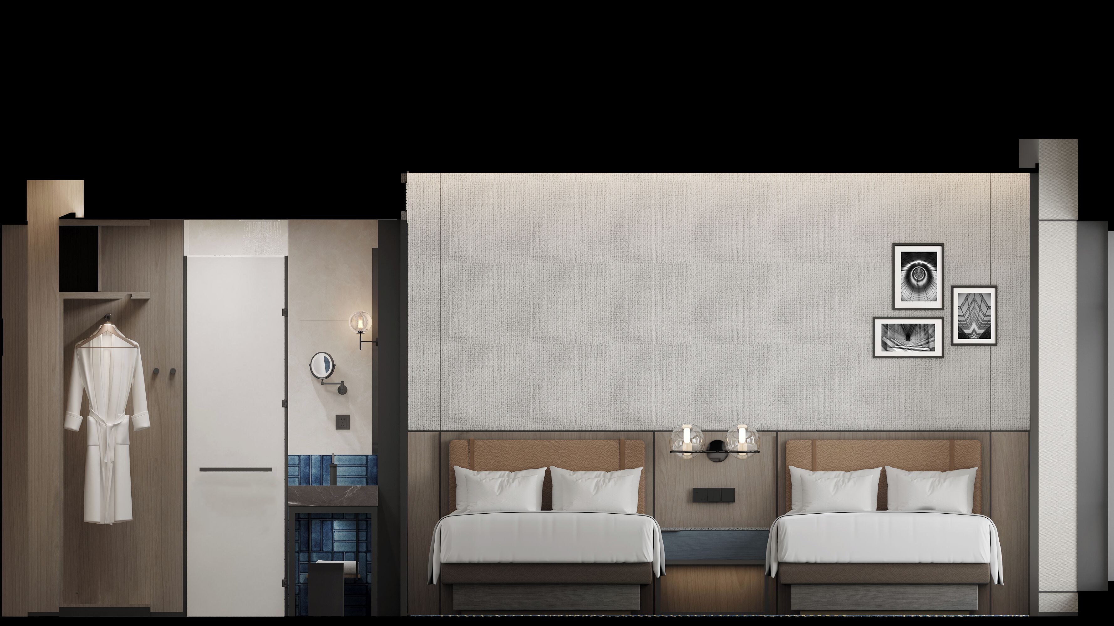 A hotel room with two beds, a wardrobe, a mirror, and artwork on the wall.