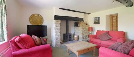 Fernseher, Kamin, DVD-Player, Bücher