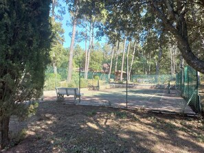 Relax on a wooden bench in a serene, natural setting surrounded by trees and a green fence.