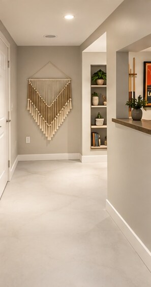 A hallway with a modern abstract wall art piece, a bookshelf with decorative items, and a wooden shelf with a vase.