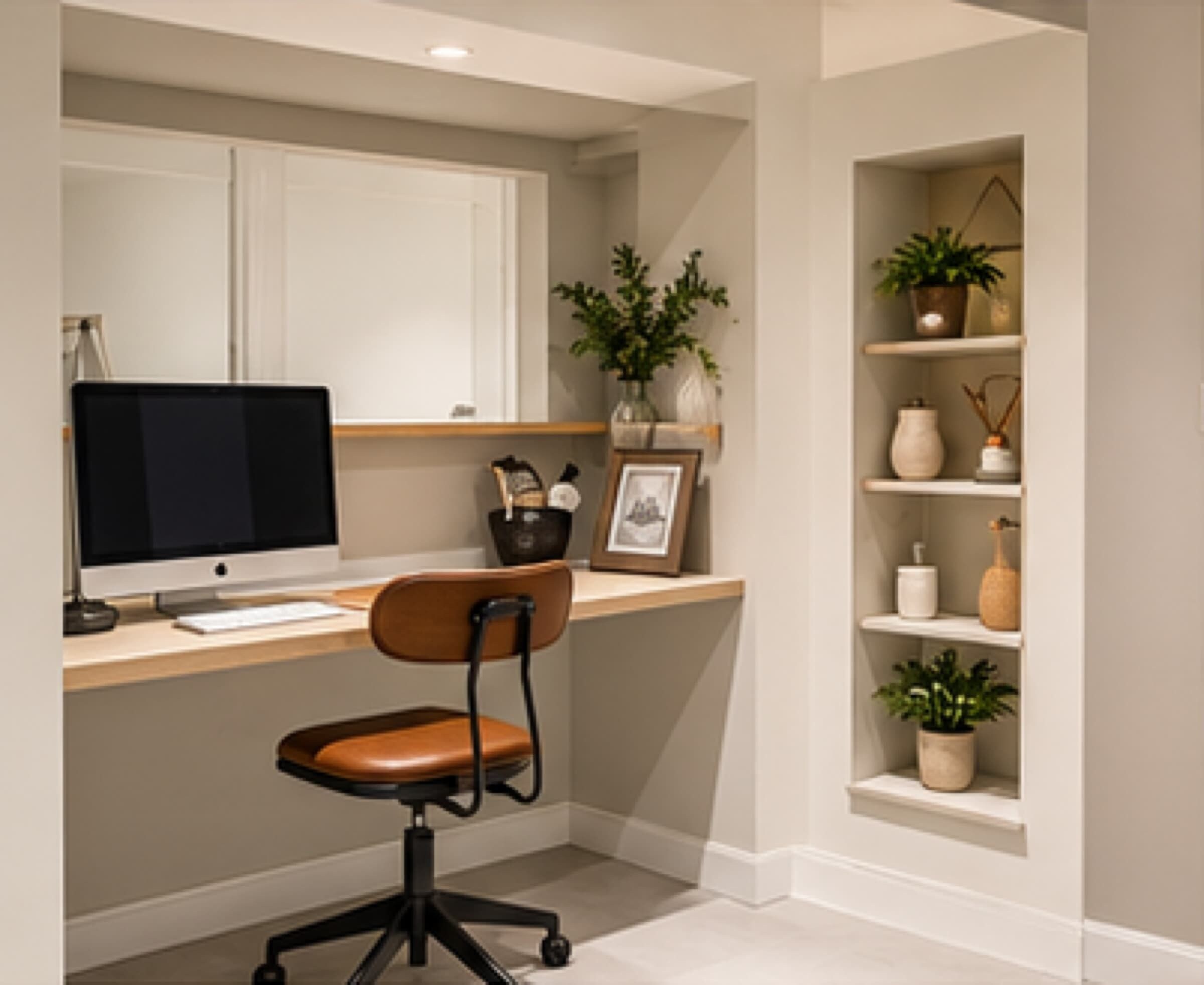 Ein Arbeitszimmer mit Schreibtisch, Computer, Stuhl, Regalen mit Pflanzen und Dekoration.