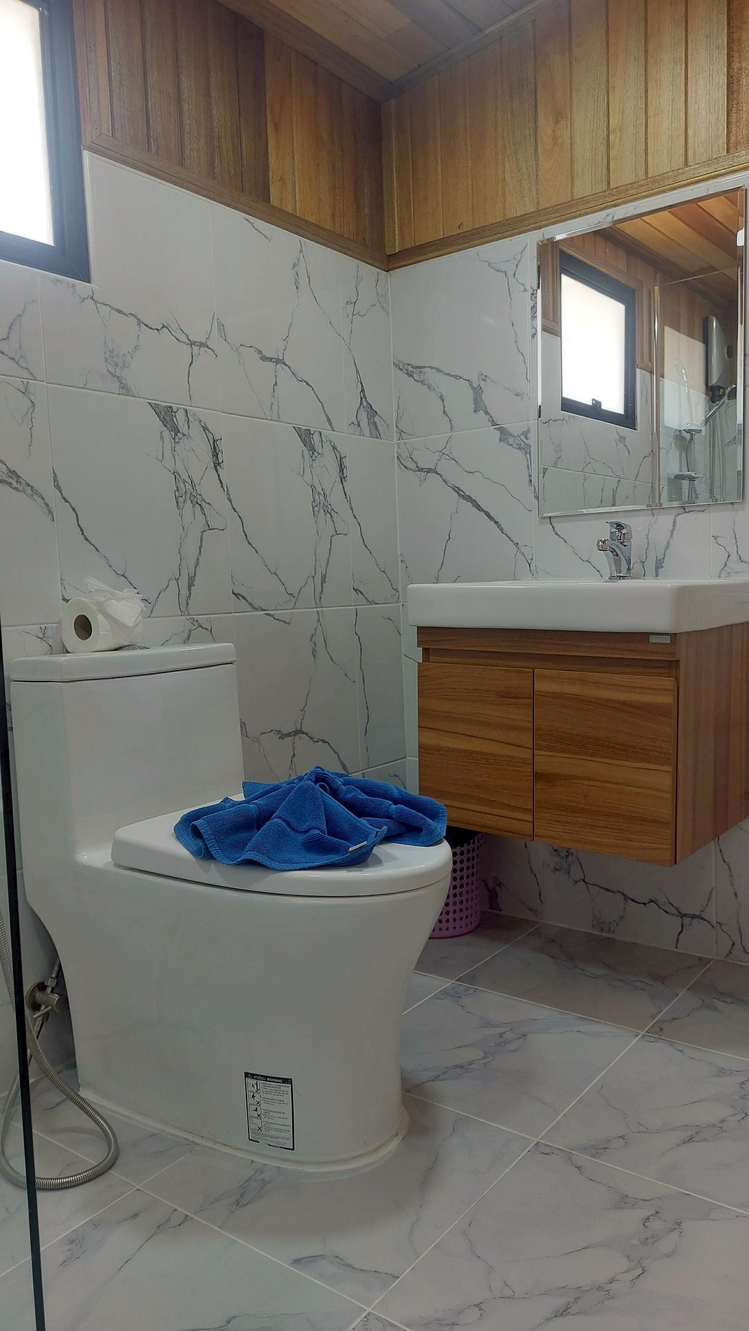A bathroom with a toilet, a sink, and a mirror.