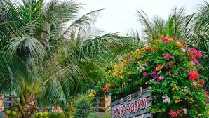 Un segnale con scritte tailandesi, circondato da vegetazione lussureggiante e piante fiorite.