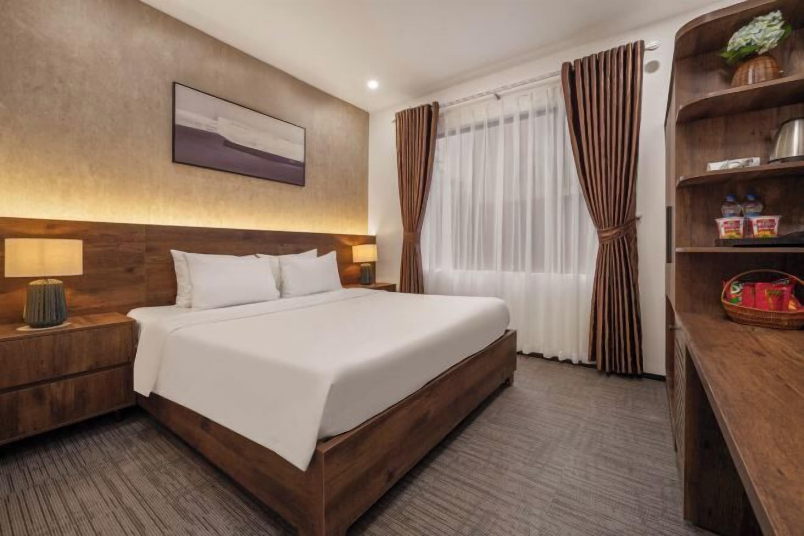 Desk, blackout drapes, soundproofing, iron/ironing board