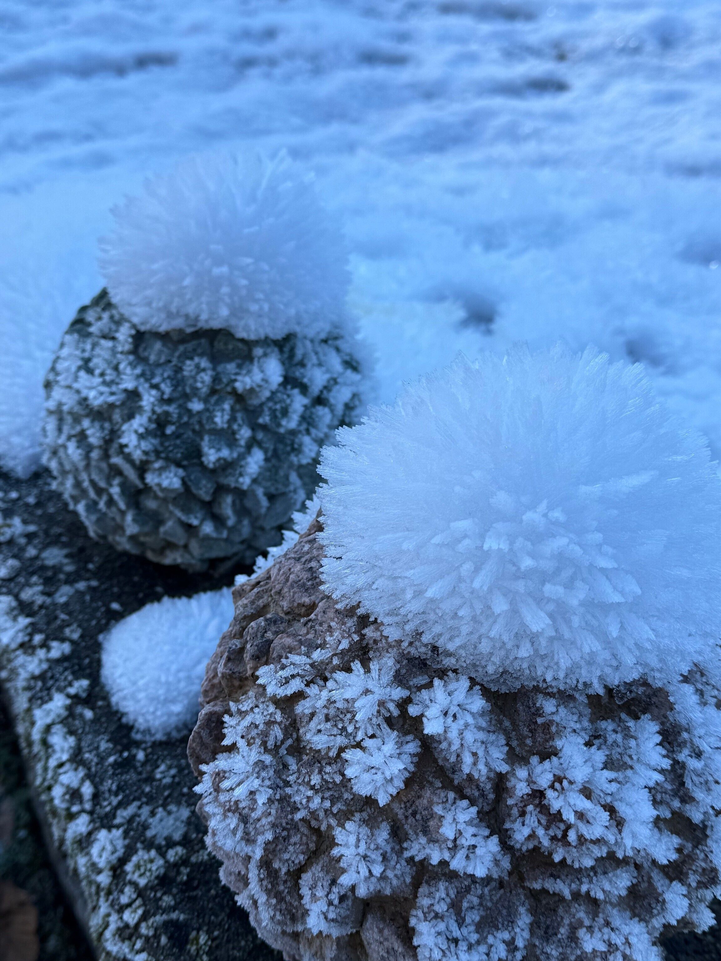 A close-up of frost-covered rocks.